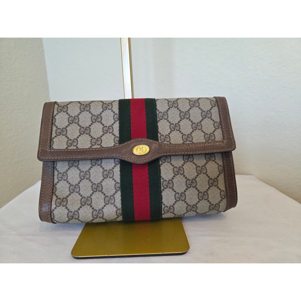 Gucci GG Canvas Web Clutch Wallet Bag Brown Leather Trim Italy Vintage Ophidia
